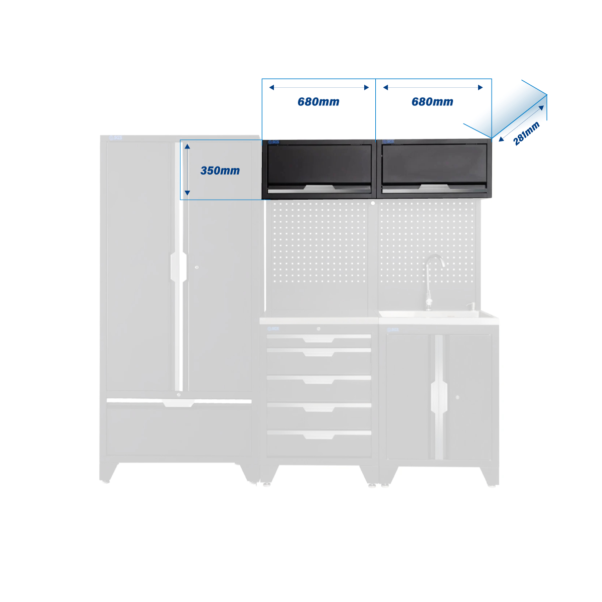 SGS 7pc Garage Storage System | 5 Drawers | Stainless Steel Worktop | Sink Unit | 2x Upper Cabinets | Tall Double Cabinet | Tall Double Cabinet with Drawer